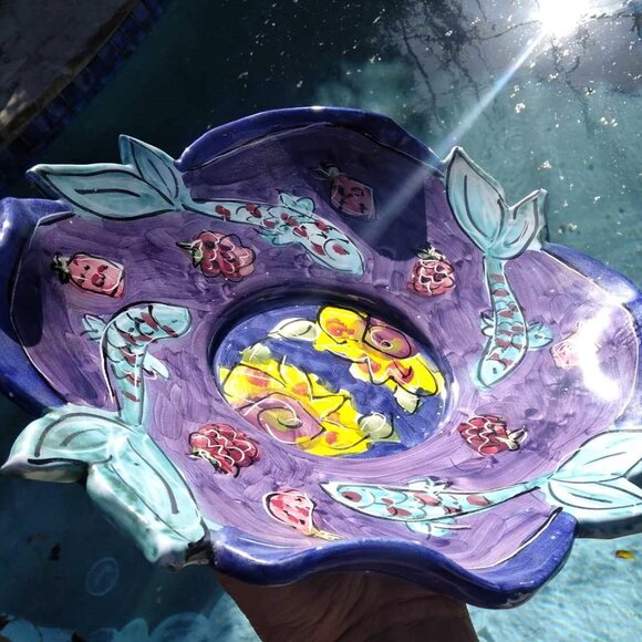 Whimsical Hand Painted Swimming Fish Ceramic Pedestal Dish by Kate & Ryan - Picture 7 of 8